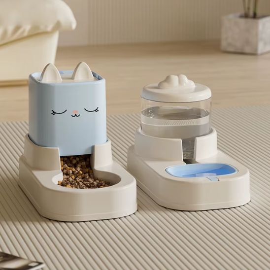 distributeur croquettes et eau chat gravité plastique bleu