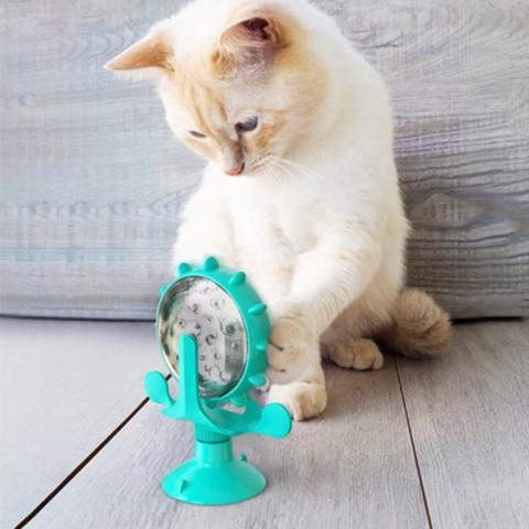 distributeur croquettes chat ludique plastique turquoise roue jouet ventouse