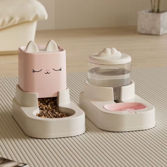 distributeur nourriture chat duo croquettes eau gravité plastique rose