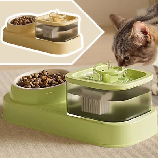 fontaine a chat eau avec nourriture beige vert compacte pratique