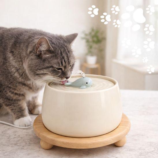 fontaine a eau chat ceramique baleine beige support bois chat buvant