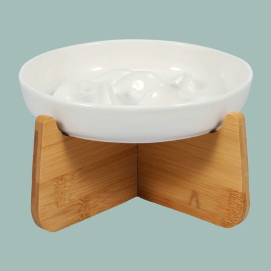 gamelle anti glouton chat céramique blanche support bois surélevé