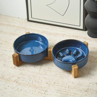gamelle anti glouton chat céramique bleu support bois duo