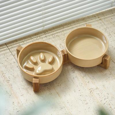 gamelle anti glouton chat céramique beige support bois eau croquettes