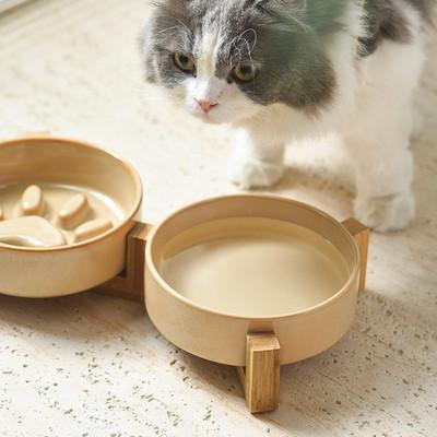 gamelle anti glouton chat céramique beige support bois duo