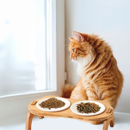 gamelle chat bambou double surélevée bols céramiques patte poisson