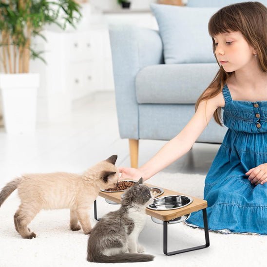 gamelle chat surélevée ergonomique 3 bols inox support bois fer