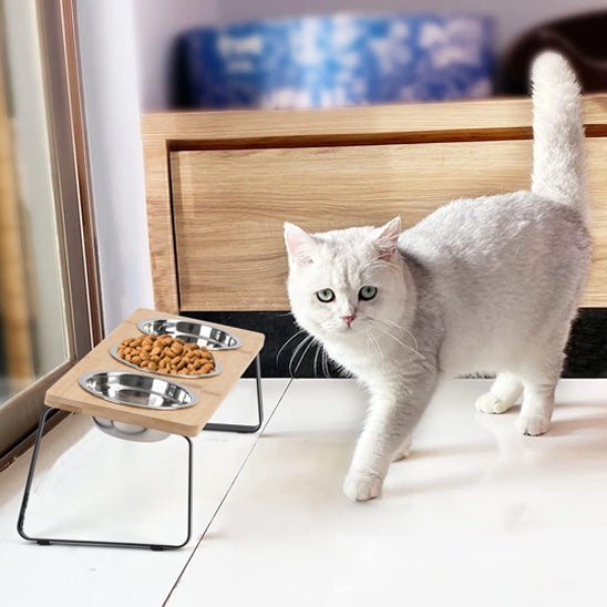 gamelle chat surélevée inclinée bols inox support bois fer