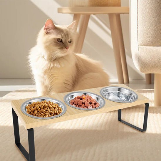gamelle chat surélevée trois bols inox support bois fer