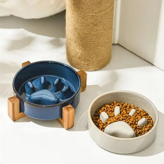 gamelle pour chat anti glouton ajustable céramique couleur base bois