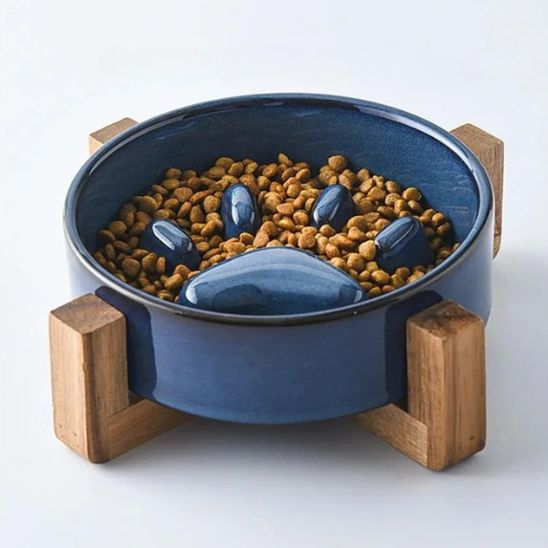 gamelle pour chat anti glouton surélevée patte chat céramique bois
