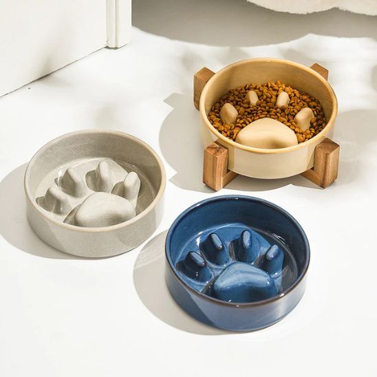 gamelle pour chat anti glouton ergonomique céramique support bois