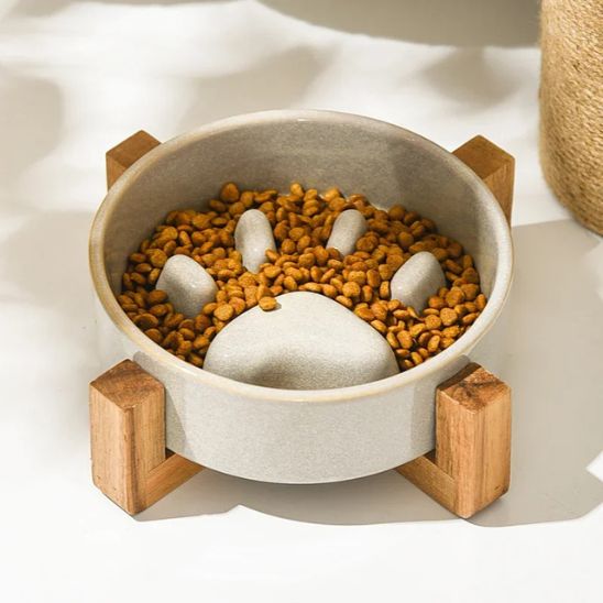 gamelle pour chat anti glouton surélevée céramique bois