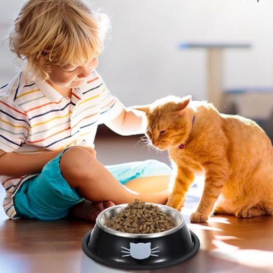 gamelle pour chat inox noir avec motif de chat