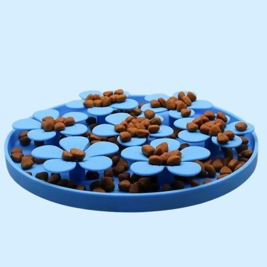 gamelles anti glouton chat silicone fleurs bleues ventouses