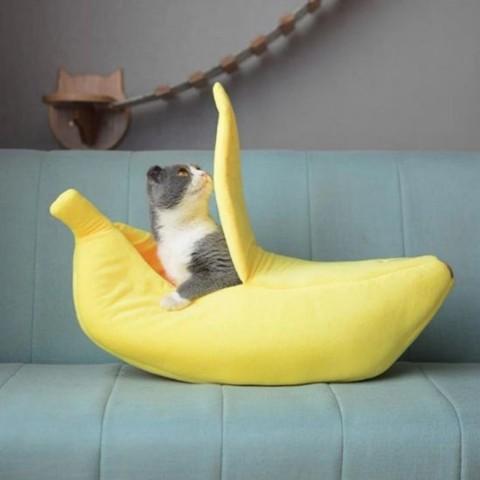 maison pour chat design banane jaune peluche doux