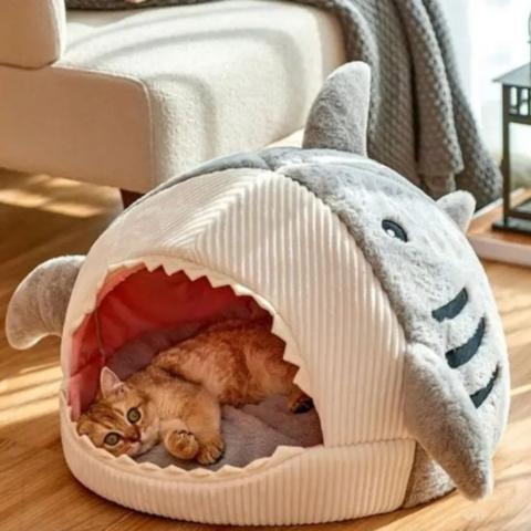 Maison pour chat design requin semi-fermée douillette pliable légÚre