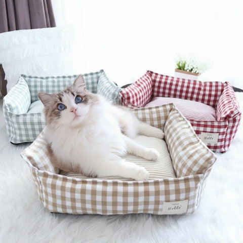 Panier pour chat vichy vert moelleux ergonomique antidérapant
