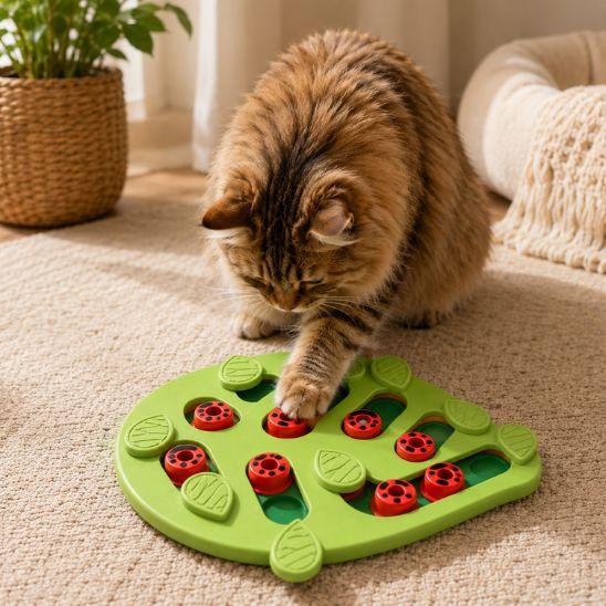 Chat curieux utilisant un puzzle alimentaire pour chat