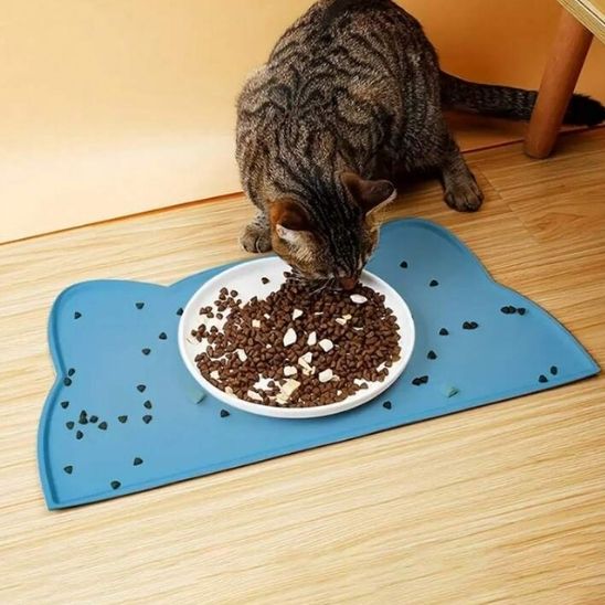 tapis gamelle chat bleu anti-déversement silicone