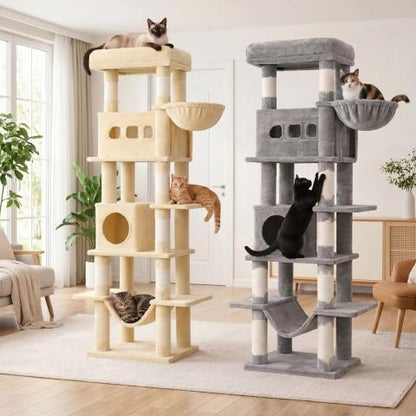Arbre à chat 170 cm multi-niveaux beige et gris avec plusieurs chats en train de jouer, grimper et se reposer
