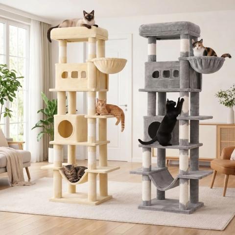 Arbre à chat 170 cm multi-niveaux beige et gris avec plusieurs chats en train de jouer, grimper et se reposer