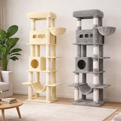 Arbre à chat beige de 170 cm avec plusieurs plateformes et poteaux en sisal