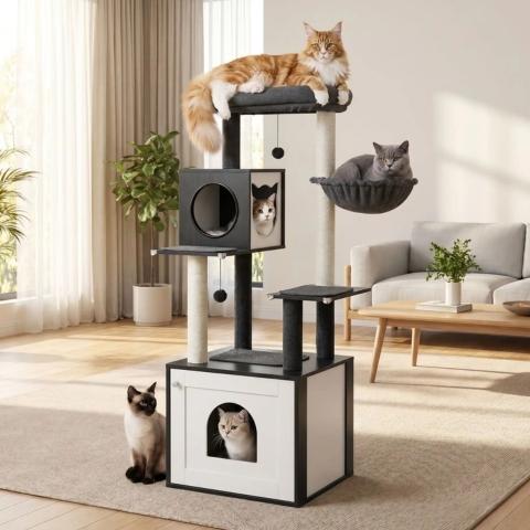 Arbre à chat en bois design avec plusieurs chats utilisant la plateforme, le hamac et la niche