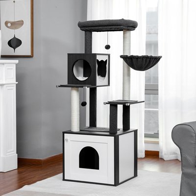 Arbre à chat en bois design avec cache litière, niche et hamac