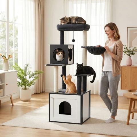 Arbre à chat en bois design dans un salon lumineux avec plusieurs chats et une femme à côté