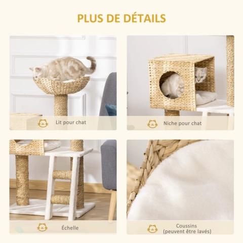 Détails de l’arbre à chat compact naturel avec panier, niche, échelle et coussins lavables