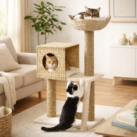 Dimensions de l’arbre à chat compact naturel avec niche, panier et échelle