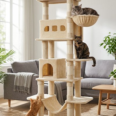 Vue complète de l’arbre à chat beige 170 cm avec plateformes, niche et hamac