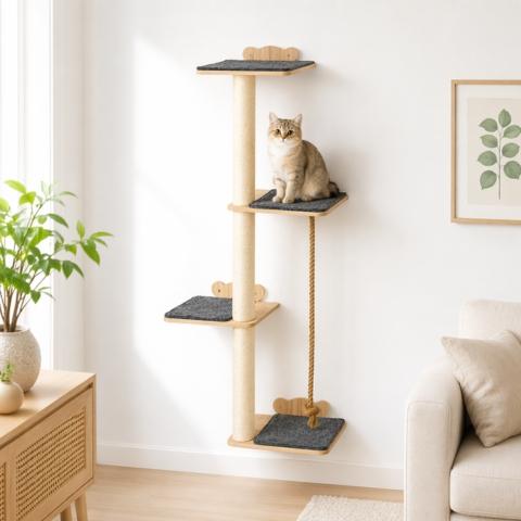 Arbre à chat mural en bois avec 4 niveaux, poteaux en sisal et corde