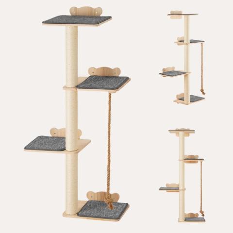 Arbre à chat mural en bois avec 4 niveaux, poteaux en sisal et corde 