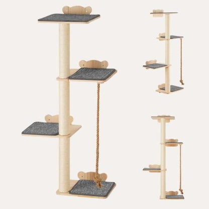 Arbre à chat mural en bois avec 4 niveaux, poteaux en sisal et corde 