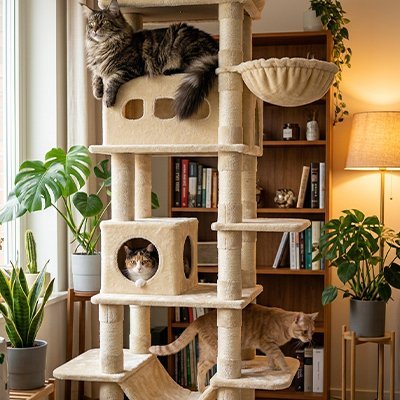 Arbre à chat beige avec panier en hauteur, niche et zones de repos
