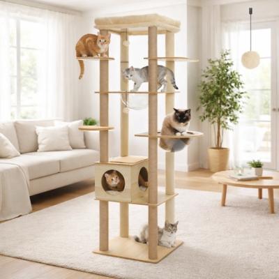 Arbre à chat en bois naturel avec niche, hamac et plateformes