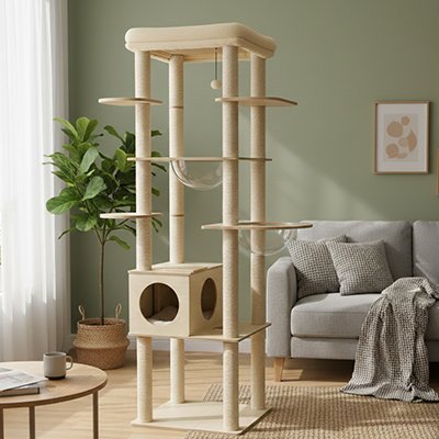 Arbre à chat en bois naturel avec niche, hamac et plateformes