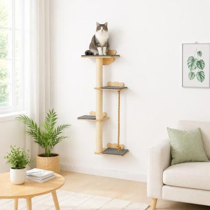 Arbre à chat mural 4 niveaux en bois avec griffoirs et corde