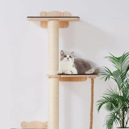 Arbre à chat mural 4 niveaux en bois avec griffoirs et corde