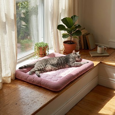 Tapis rafraîchissant chat matelassé – couchage frais et moelleux pour l’été