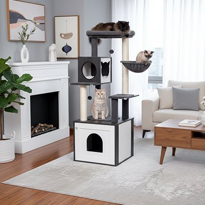 Arbre à chat en bois design avec cache litière, niche et hamac