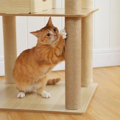 Arbre à chat en bois naturel avec niche, hamac et plateformes