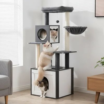 Arbre à chat en bois design avec cache litière, niche et hamac