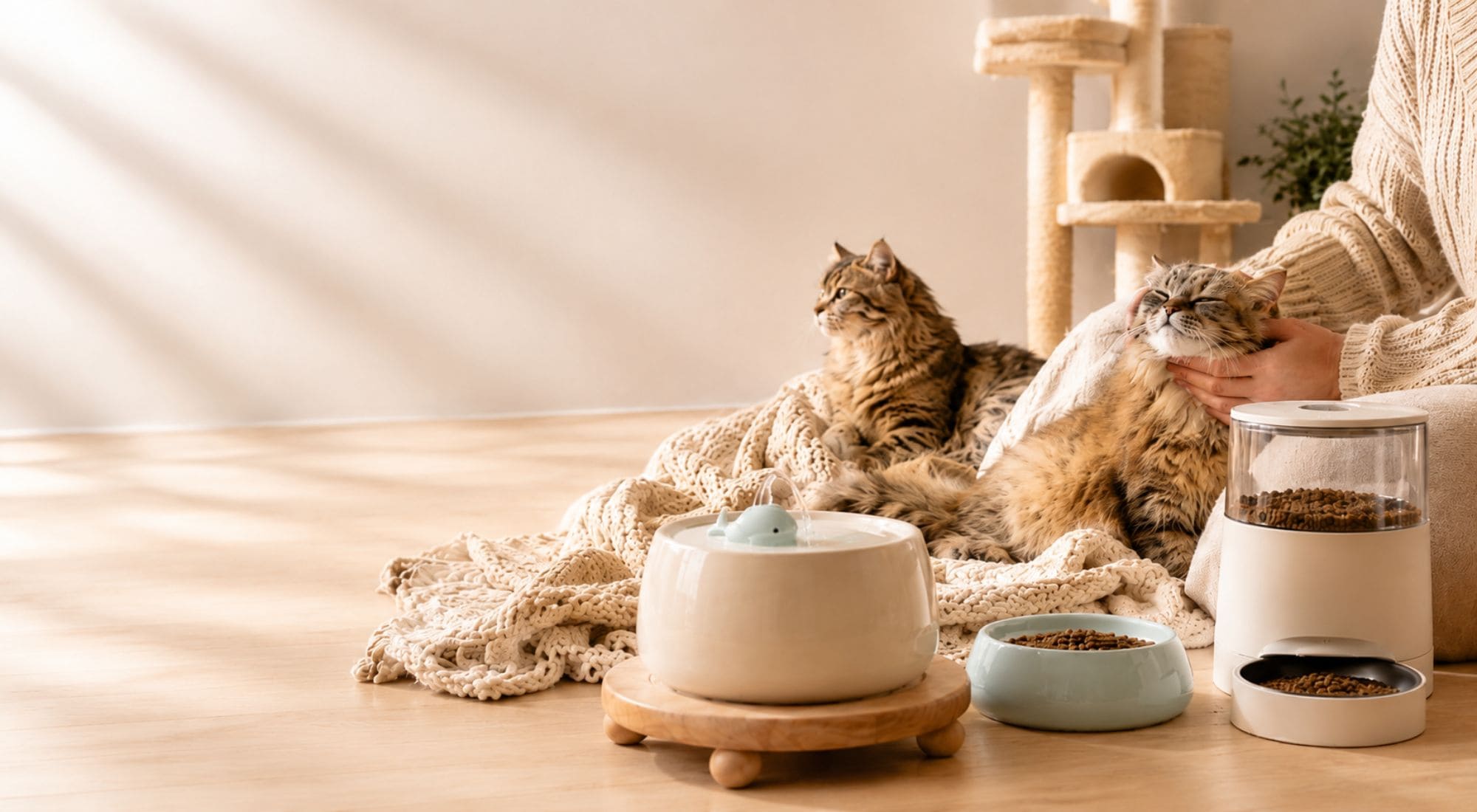 Bannière d’accueil avec fontaine à eau chat céramique, gamelle, distributeur automatique et chats dans une ambiance douce et premium