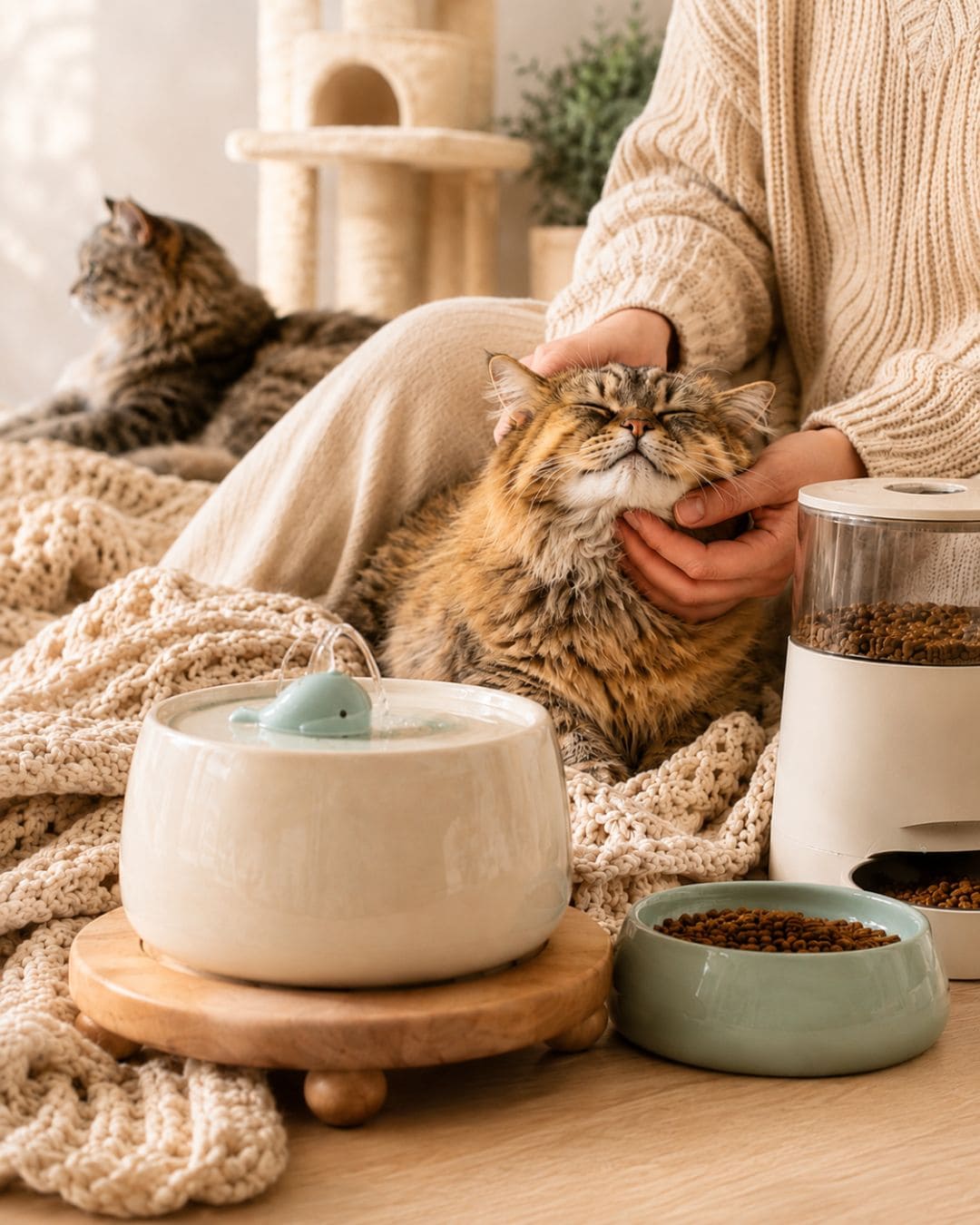 Chat détendu avec fontaine à eau céramique, gamelle et distributeur automatique dans une ambiance cocooning et premium