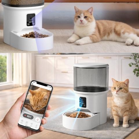 Caméra intégrée et visualisation sur smartphone d’un distributeur de croquettes connecté pour chat