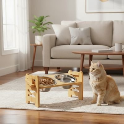 chat mangeant dans une gamelle surélevée réglable en bambou double inox