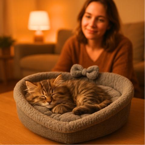 chat panier confort doux forme cœur peluche gris antidérapant